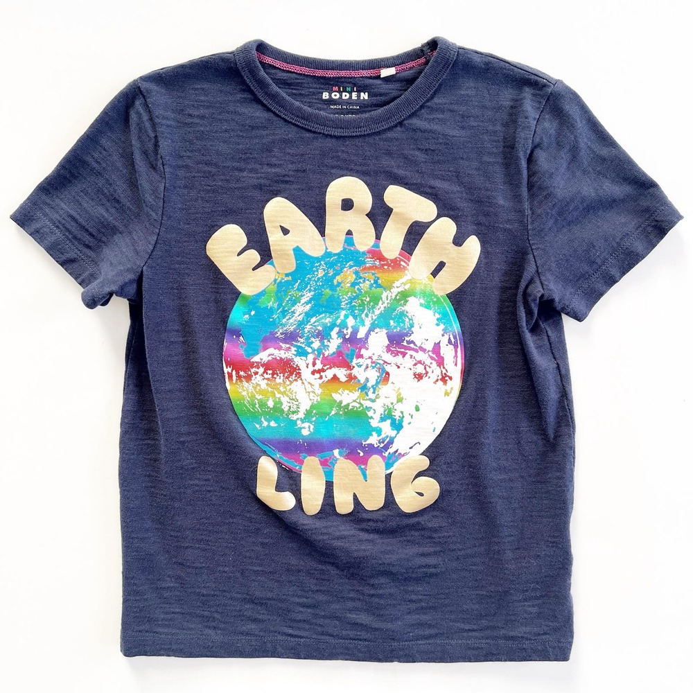 Mini Boden Earth Logo Short Sleeve Slub Knit Tee Size 8-9 Blue